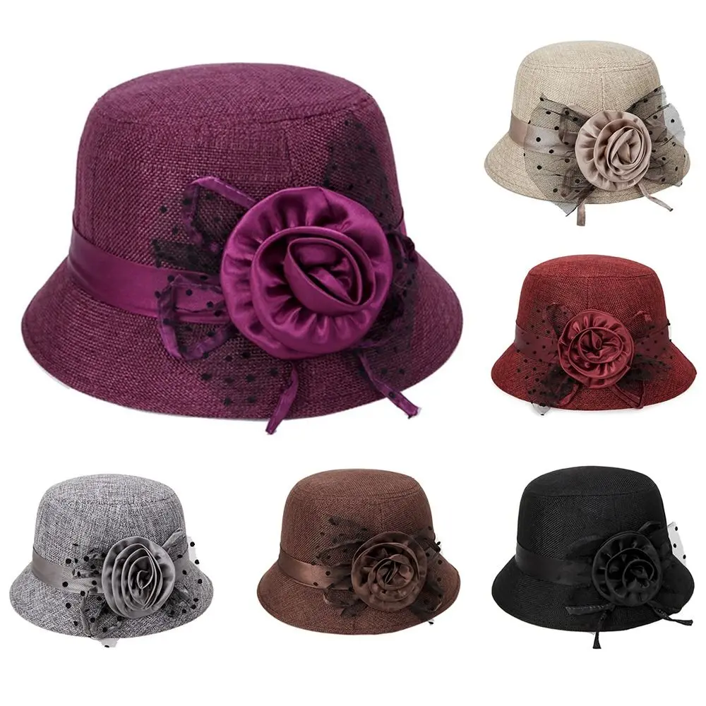 Ladies Elegant Mesh Flower Bowler Sun Visor Basin Hat Bucket Cap Bowler Women\'s Hat Dome Hat