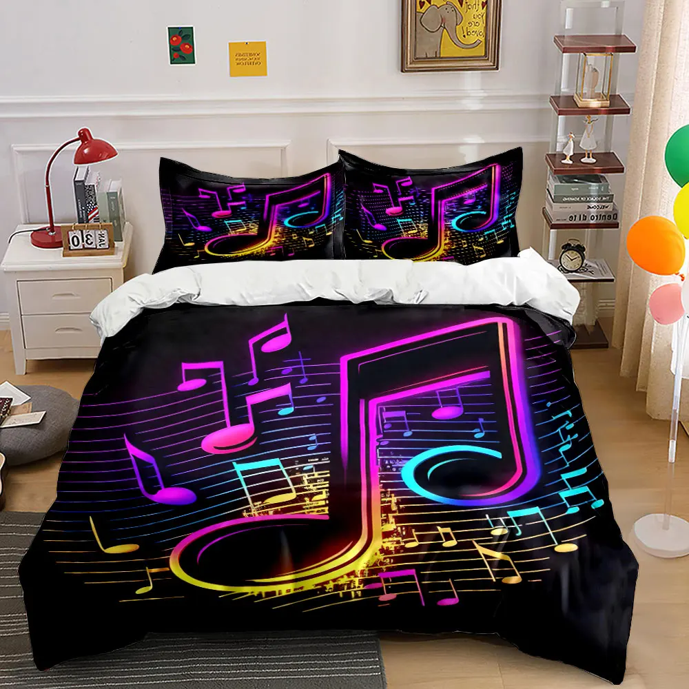 Colorful Notes with Melodic Background Print Bedding Set 1 Duvet Cover 2 Pillowcases for Adult and Children Luxury Gift