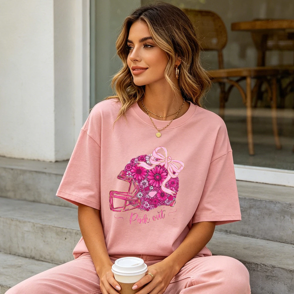 Pink Out Floral Football Helmet Bow Graphic Women Summer T Shirt Breast Cancer Awareness Sport Theme Trend Short Sleeve Garment