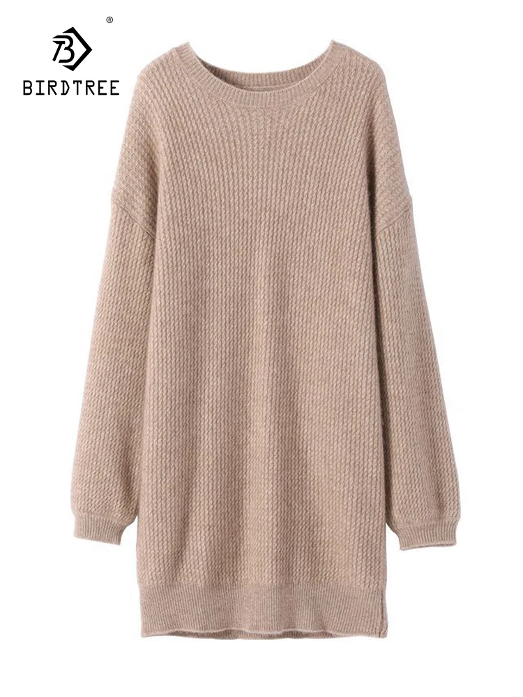 Birdtree 100% Wool 2023 Loose Knitted Dress Women's Mid length Thickened Korean Autumn/Winter Season New Woolen Dress D38512QC