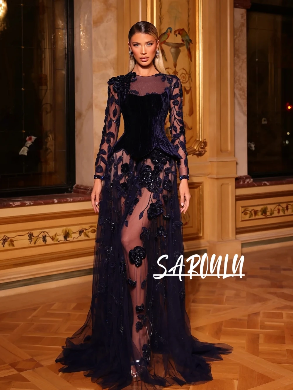 

Темно-синее блестящее платье для выпускного вечера для женщин, сексуальное прозрачное тюлевое вечернее платье с 3D цветами для свадебного гостя, красная ковровая дорожка, официальная банкетная одежда