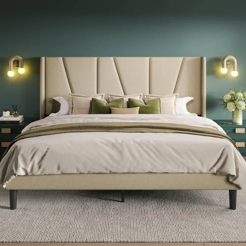 Platform Bed Frame with Geometric Wingback Headboard, Modern Upholstered Bed with Wooden Slats Support, No Box Spring Needed