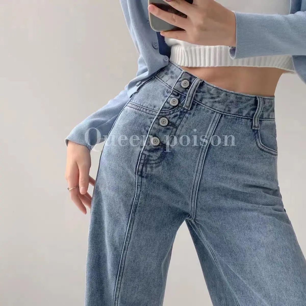 Women Side Breasted Jeans Single Row Button Thin Jeans Cool Girl High Waist Wide Leg Pants Female Casual Straight Denim Trousers