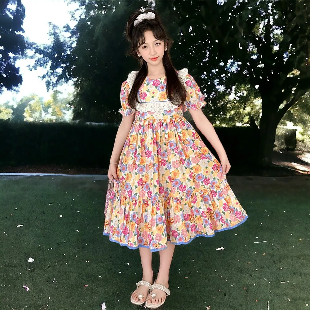 Girls Lolita Flower Dresses for Kids Outfits Party Summer Short  Sleeve Teenagers Costumes Baby Children Clothes 6 8 10 12 Years