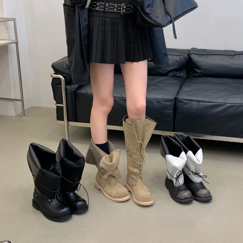 Jezi Home Retro Tie  Boots Color Rubbing Splicing Large Tube Long Boots Women's Fashionable Waterproof Platform Korean ...