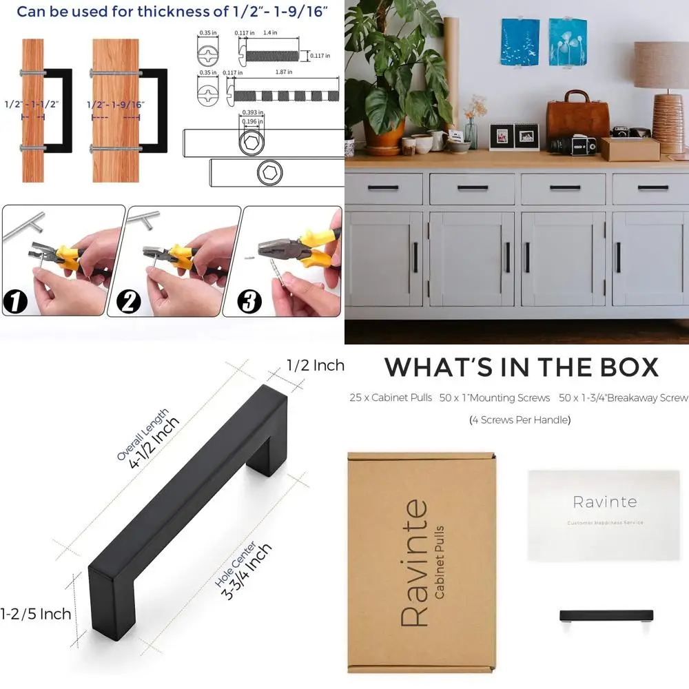 

Set of 25 Matte Black Square Kitchen Cabinet Pulls, 3-3/4 Inch Handles for Modern Hardware