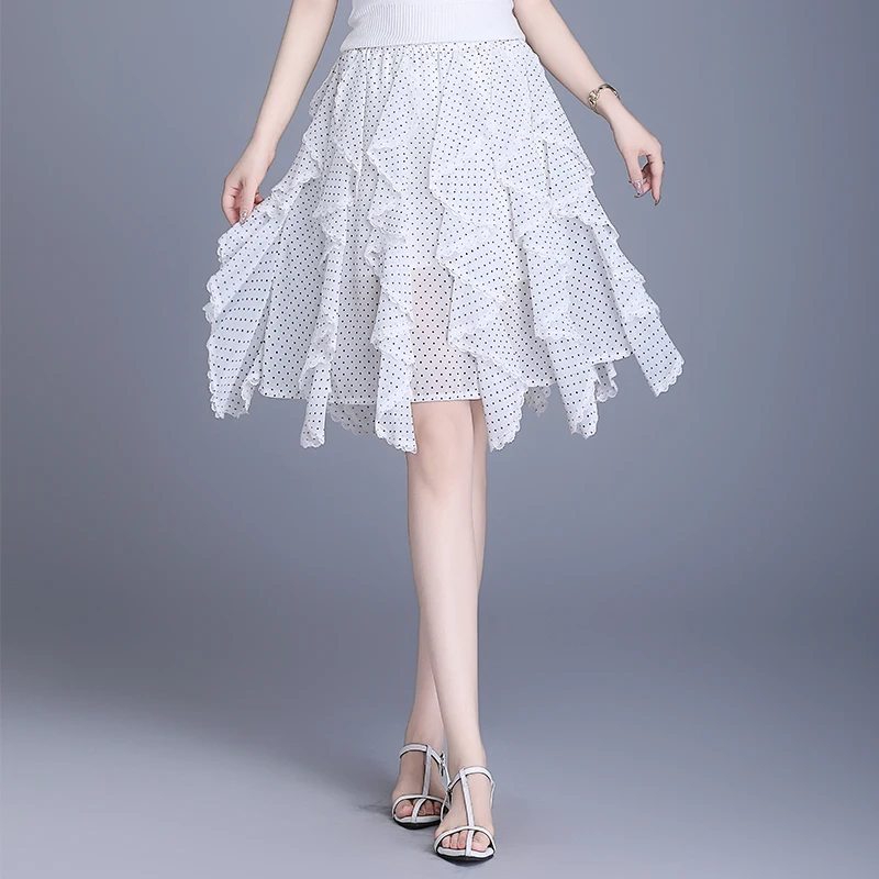 

Летняя шифоновая пышная юбка в горошек для женщин, асимметричная, А-силуэта, средней длины, с завышенной талией, в корейском стиле, облегающая