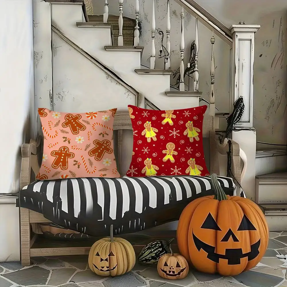 Cute Gingerbread Man Christmas Pillow Case Short plush Double-sided Print Square Throw Pillow Covers Sofa Home Cushion Decor