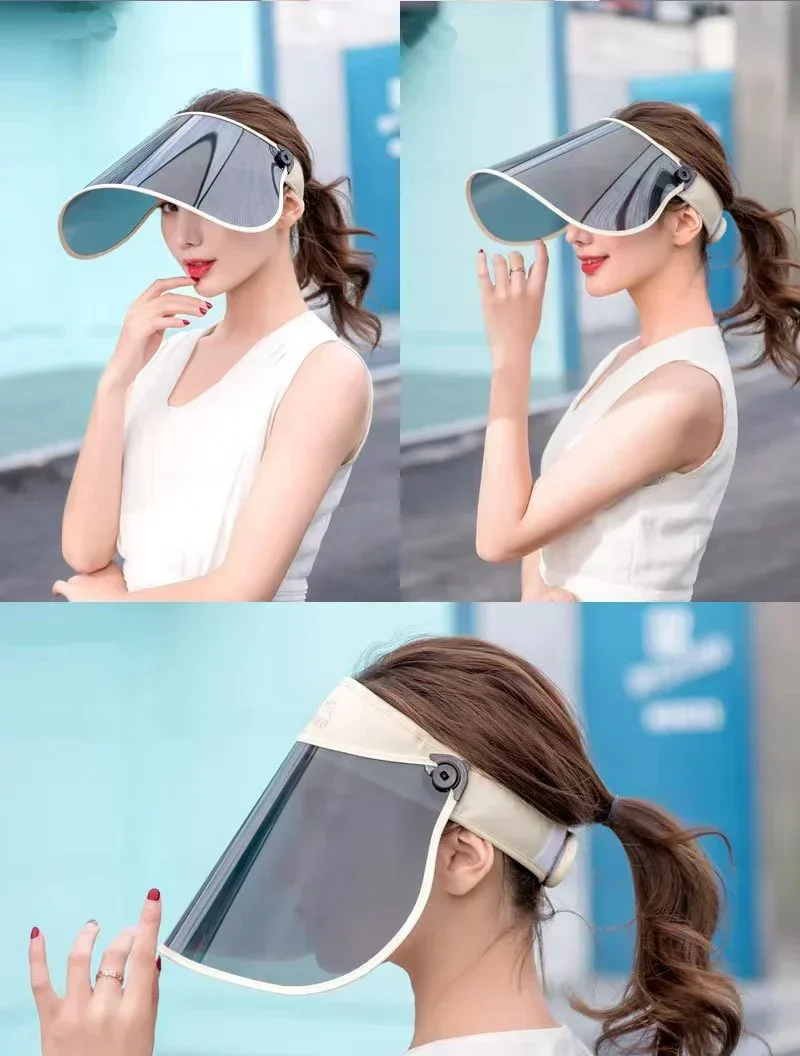 

Summer Hat Women Plastic PVC Sun Hat Large Brim Windproof Mask Anti-UV Wide Brim Empty Top Sun Hat Gray Lens Hat