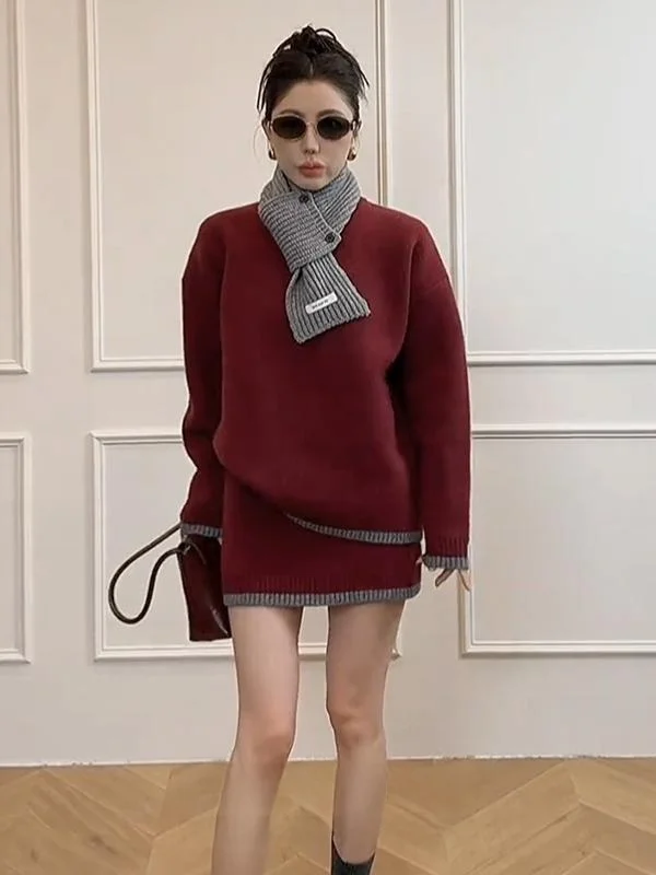 

Spring Lazy Loose Color Block round Neck Knitted Sweater And Short Skirt Two Piece Set for Women Beautiful Fashionable Outfit