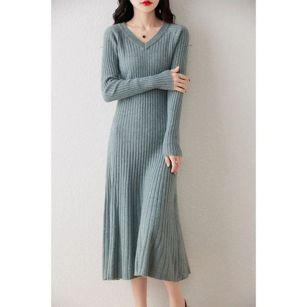 

Women's Slim-Fit V-Neck Wool Sweater Dress Long Over-the-Knee Knitted Outer Wear for Autumn And Winter New Style Base