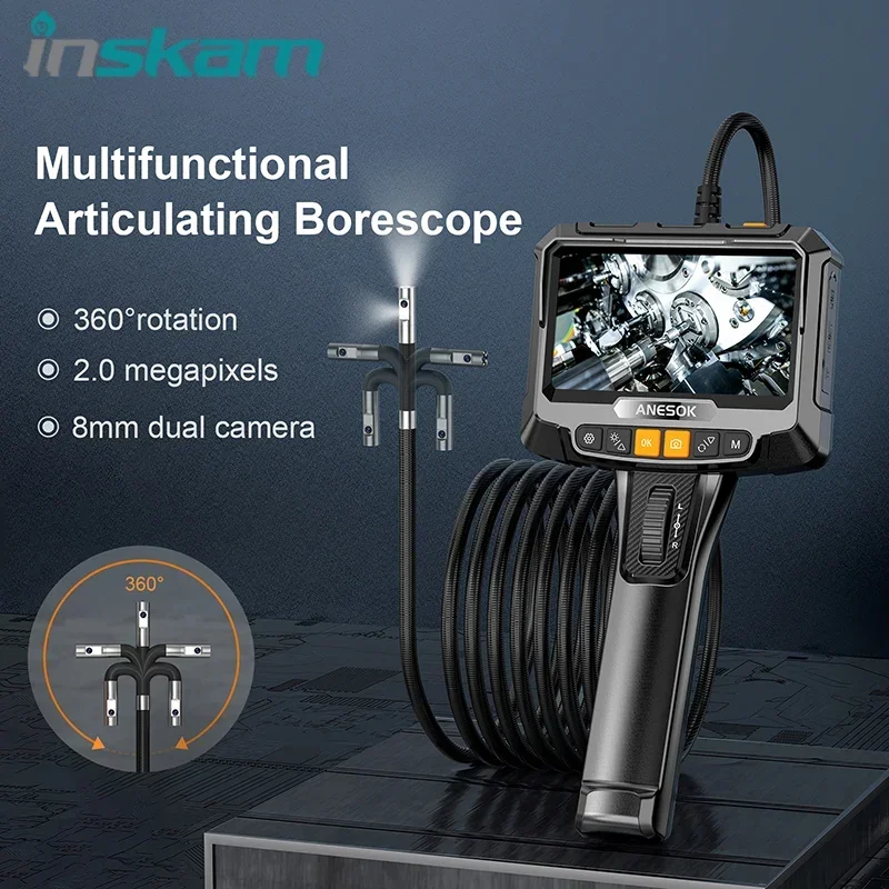 

INSKAM 360° Two-ways Steering Industrial Endoscope Camera 8mm 6.5mm Single&Dual Lens Inspection Borescope 5"IPS Screen For Car