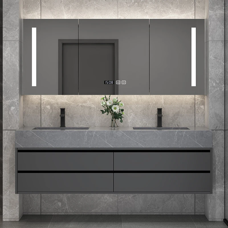 Luxury Bathroom Cabinet Simple Rock Slab Hot Bending Ceramic Integrated Basin Seamless Bathroom Cabinet Combination Furniture