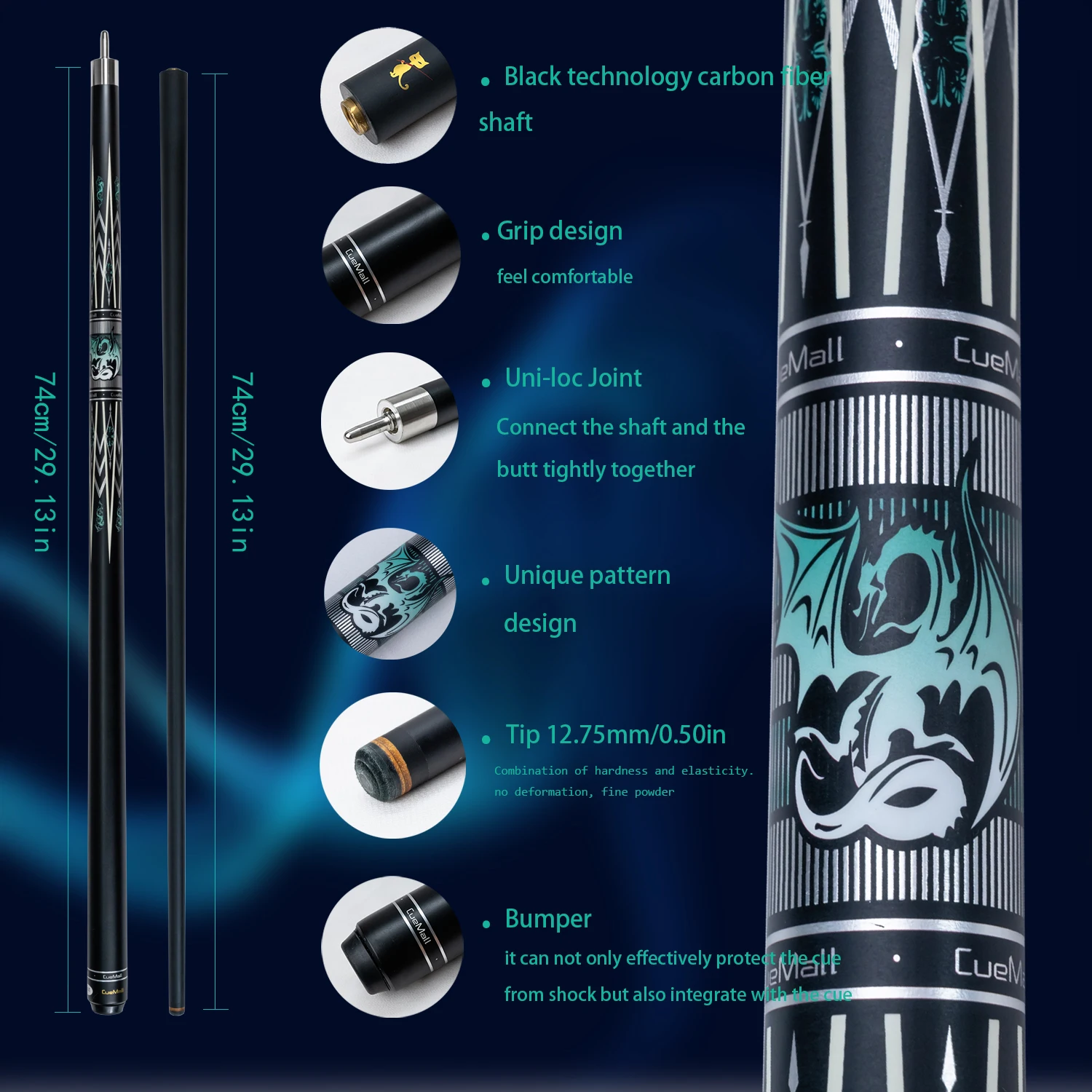 High-Quality Carbon Fiber Pool Cue Stick with 12.75mm Tip and Stainless Steel Joint - Durable and Stylish Cue for Professio