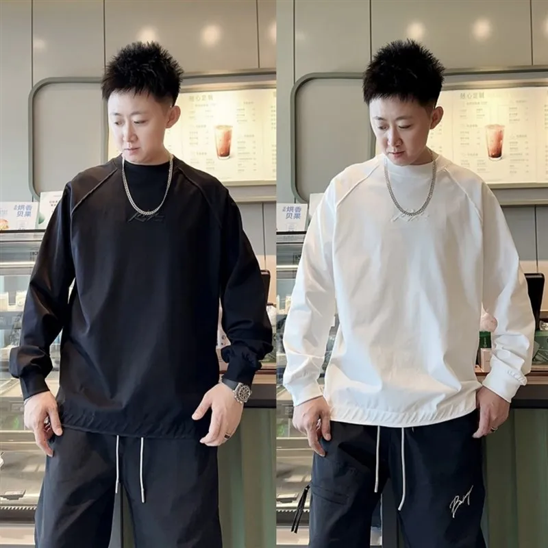 

Fall Men's New American High Street Hoodie Long Sve round Ne Sweatirt Versatile High-End Feel Base Layer Side Zipper