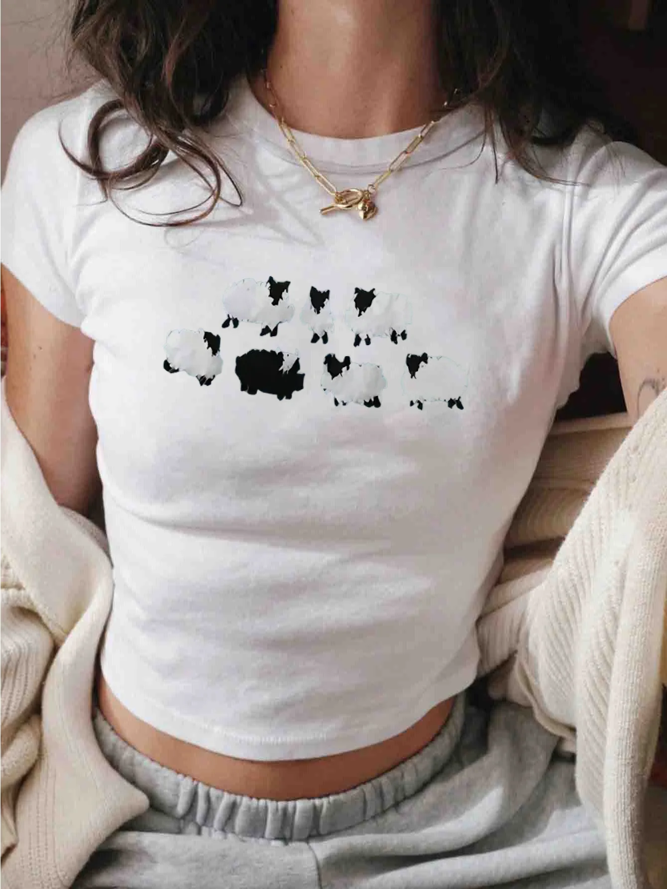 Black and White Sheep Stickers Printed Top White Festival Print Sleeved Summer Round-neck Sleeved Fitted Short-sleeve T-shirt