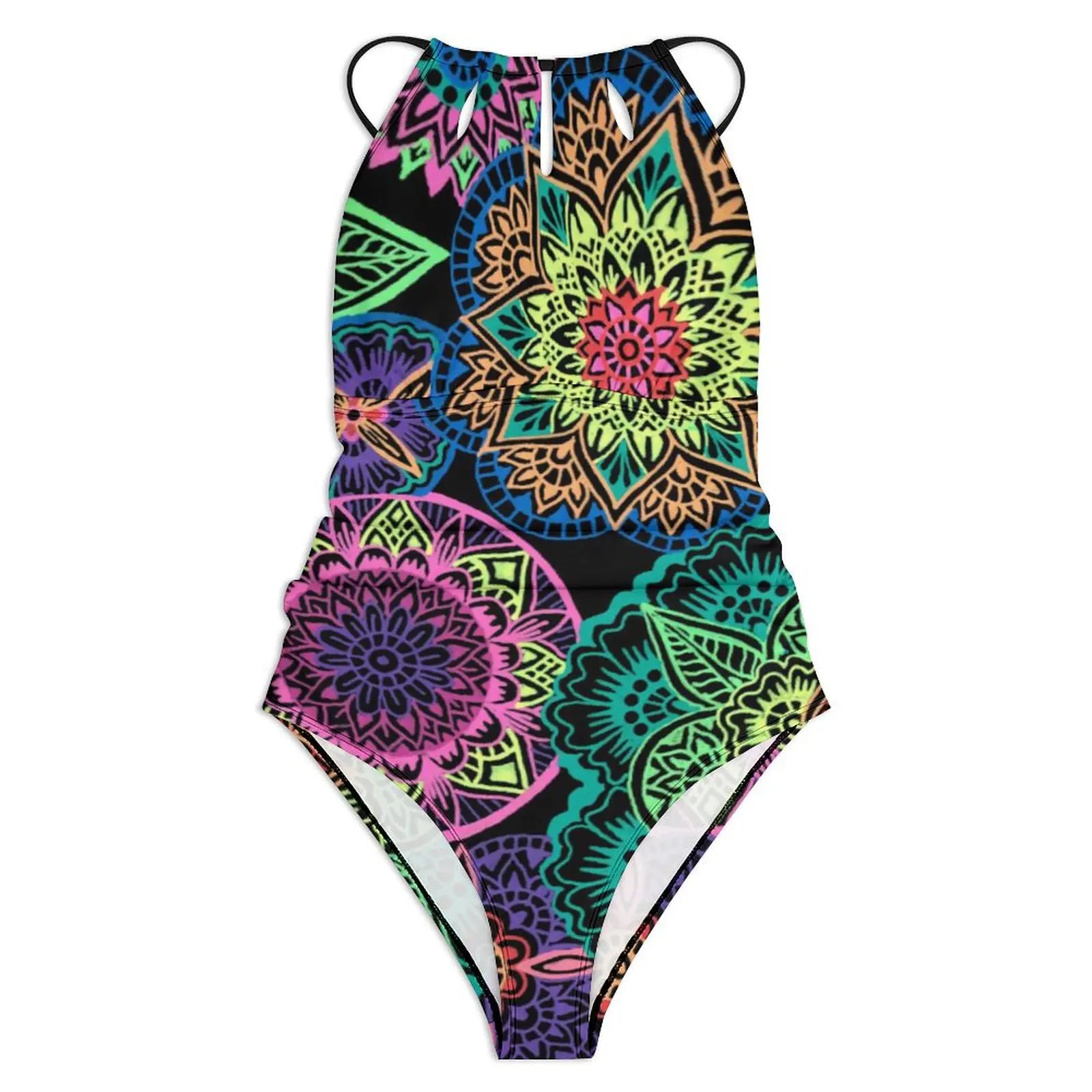 Neon Mandala Print Swimsuit Sexy Colorful Floral Women Swimwear One Piece Elegant Bodysuit Fitness Push Up High Cut Beachwear