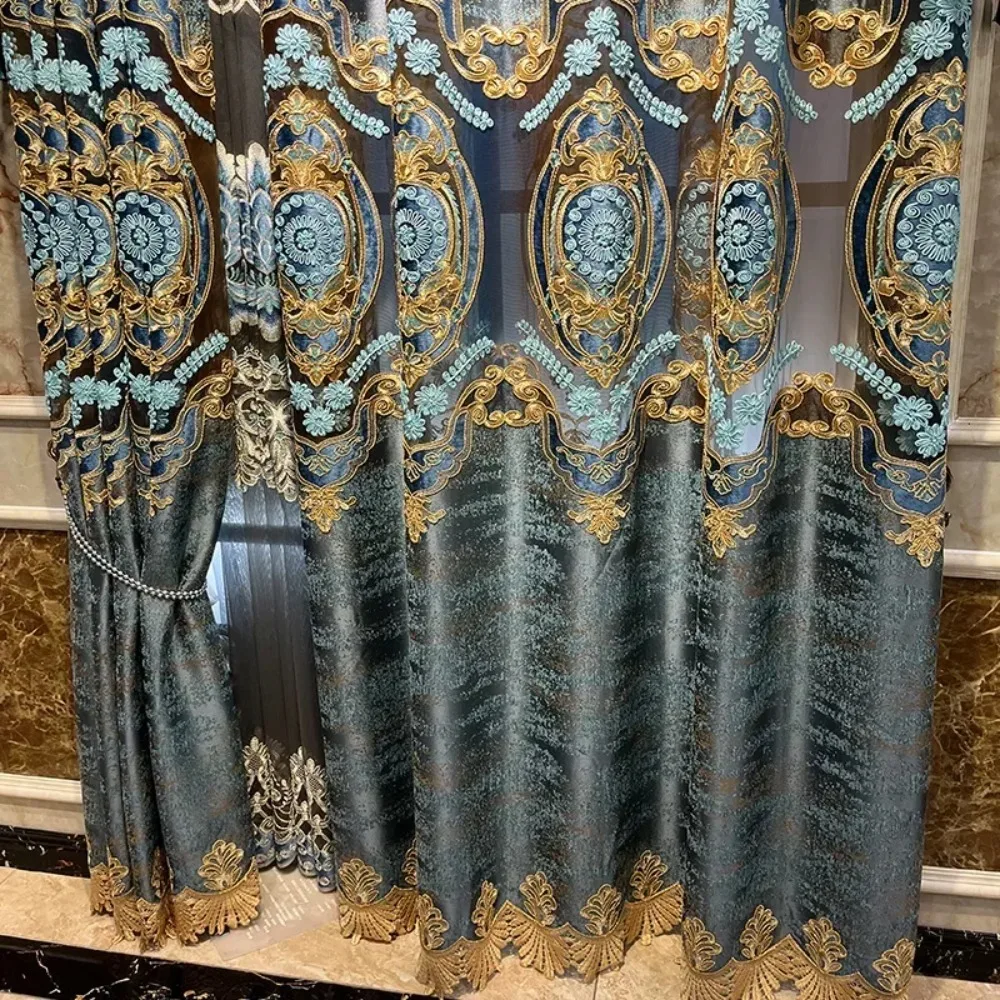 

Blue Hollow Relief Chenille Embroidered Window Screen Curtains for Living Room Bedroom French Window Villa Customization