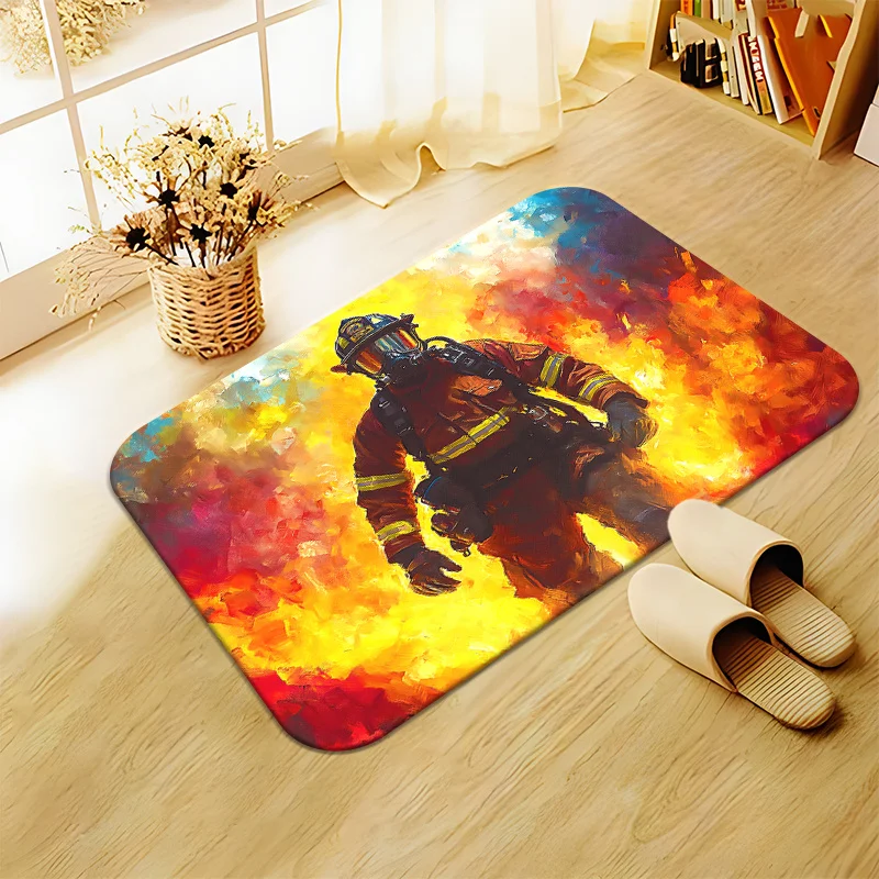 1pc 2D Flat Firefighter Hero Oil Painting Style Flannel Bath Mat Non Slip Brave Profession Rug For Bathroom Entryway Home Decor
