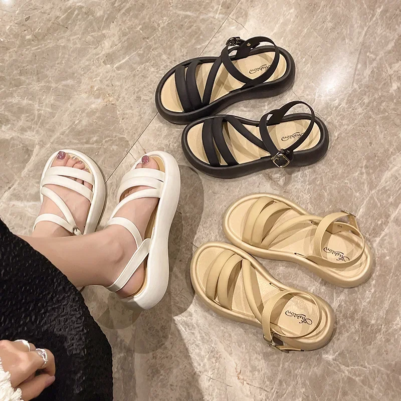 Thick Bottom Sandals Women's 2024 Summer New Style Korean Version Petite Cross Strap High Heel Anti-Slip Roman Sandals