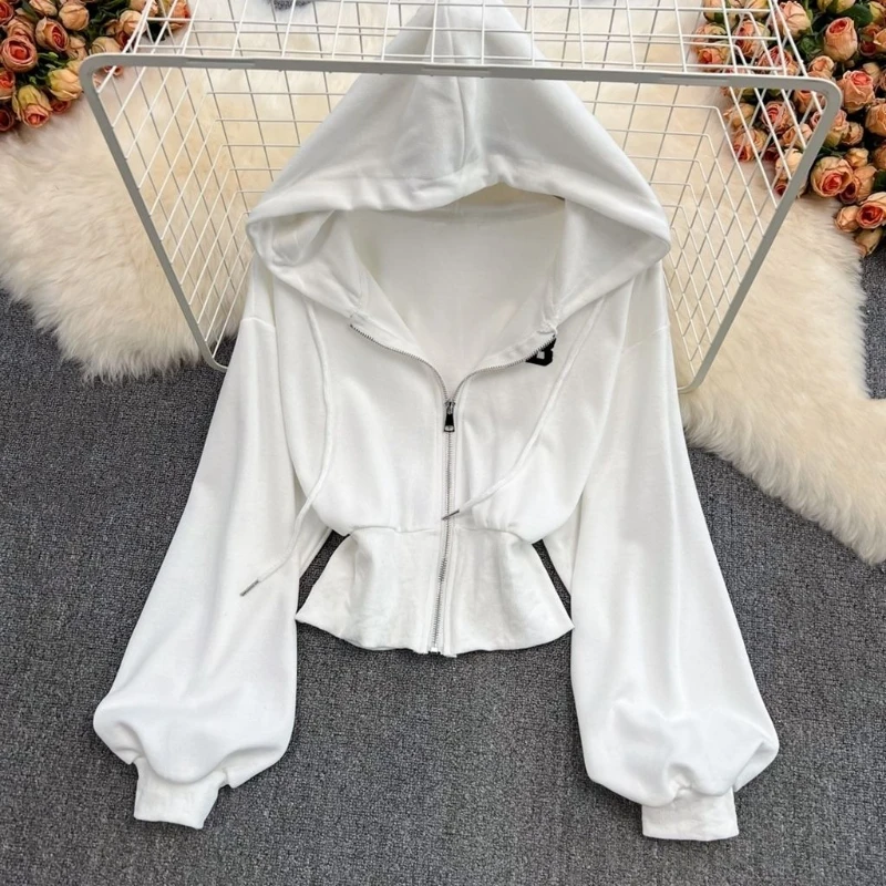

Y2k винтажная короткая куртка с капюшоном и длинным рукавом, женское повседневное однотонное пальто на молнии, тонкая уличная одежда, модная ретро осень 2023 г.