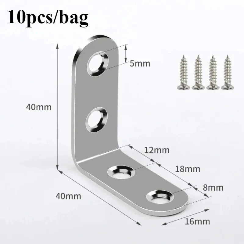 10Pcs/bag L-Shaped Corner Brackets with Screws Stainless Steel Right Angle Brackets DIY for Shelf Cabinet Furniture Hardware