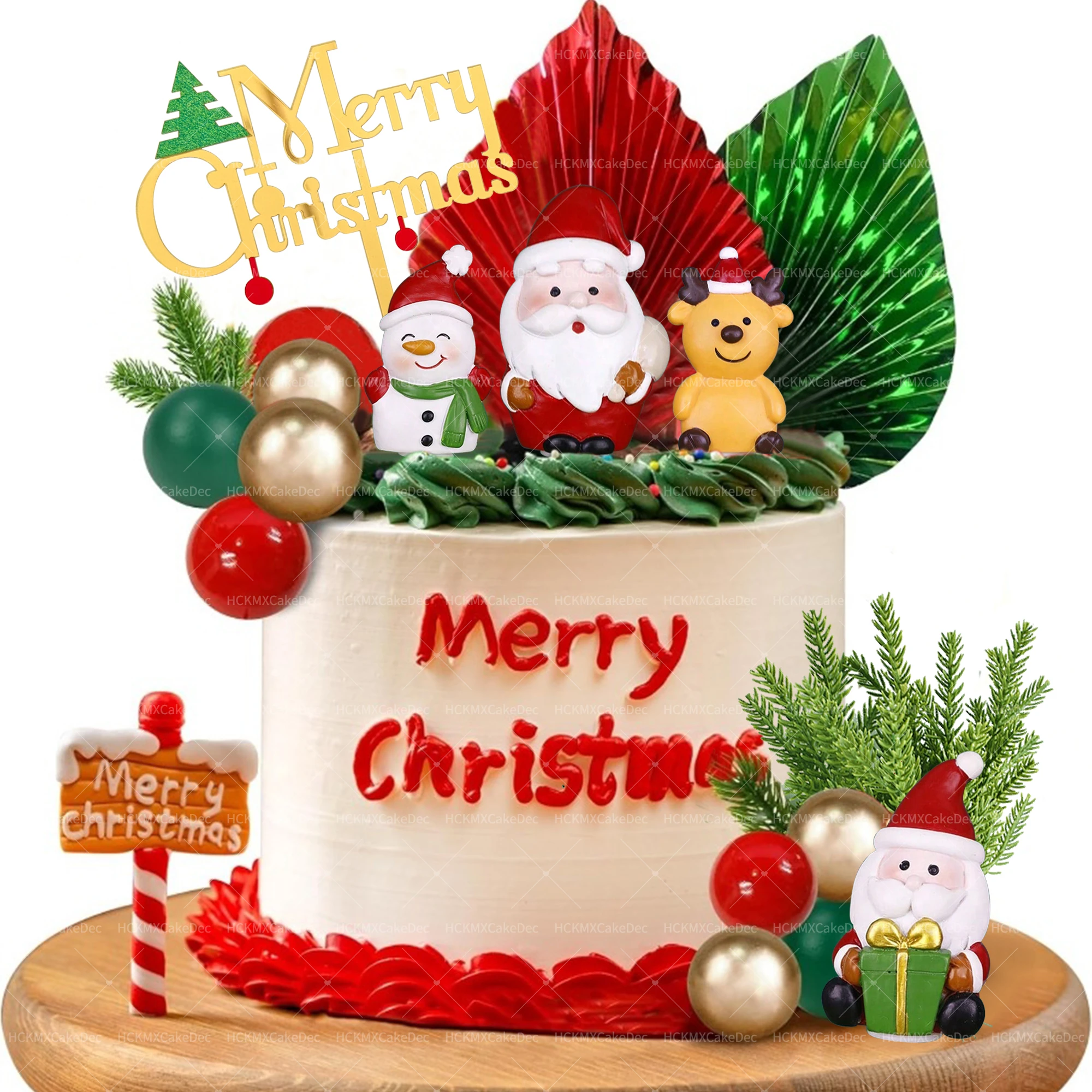 4pc/29pcs Christmas Themed Santa Claus Reindeer Snowman Pine Needle Cake Toppers for Christmas Party Cake Decoration Photo Props