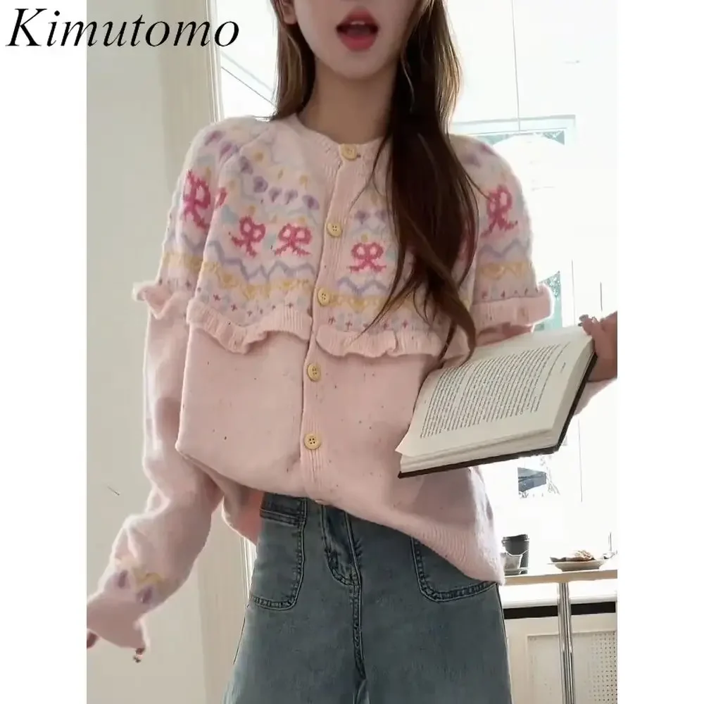 Kimutomo Chic Pattern Jacquard Pink Cardigan Women Vintage O Neck Ruffles Knitted Cardigans Korean Small Fresh Loose Sweaters