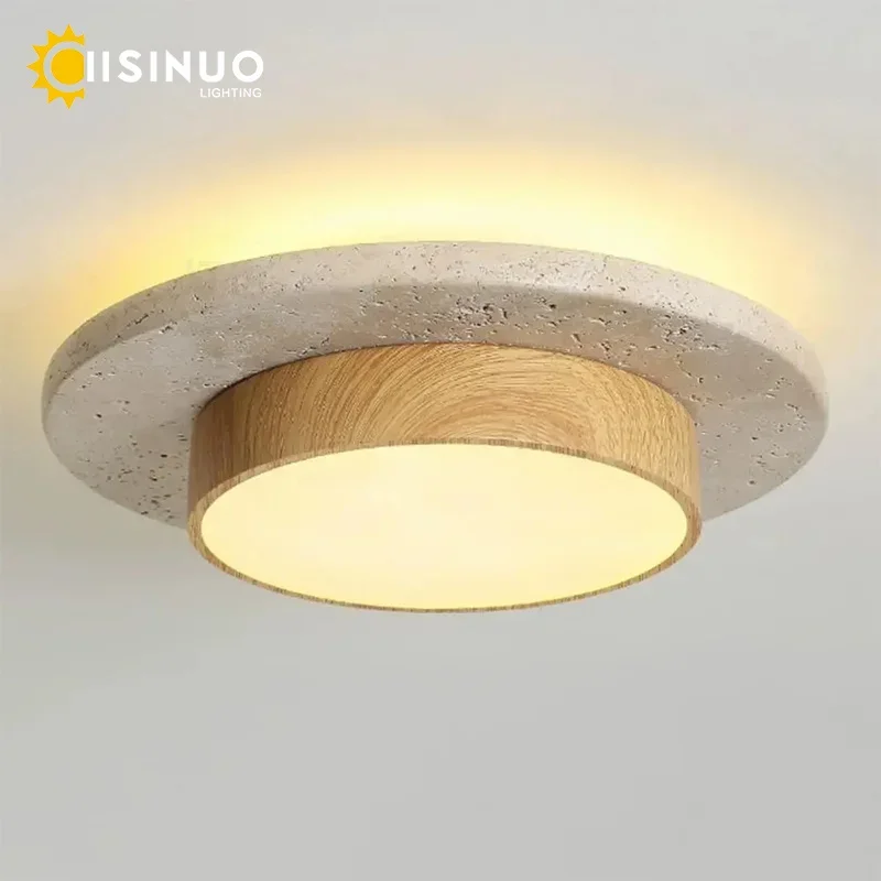 Wabi Sabi Retro Natural Yellow Stone Round Ceiling Lights D22cm LED28w 3000K/6000k Walnut/Wood for Balcony Corridors Living Room