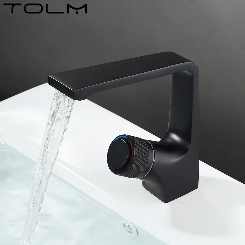 TOLM Brass Push Button Faucet Black Bathroom Cold Hot Mixer Chrome Wash Basin Faucet Deck Mount New Fashion Design Rotary