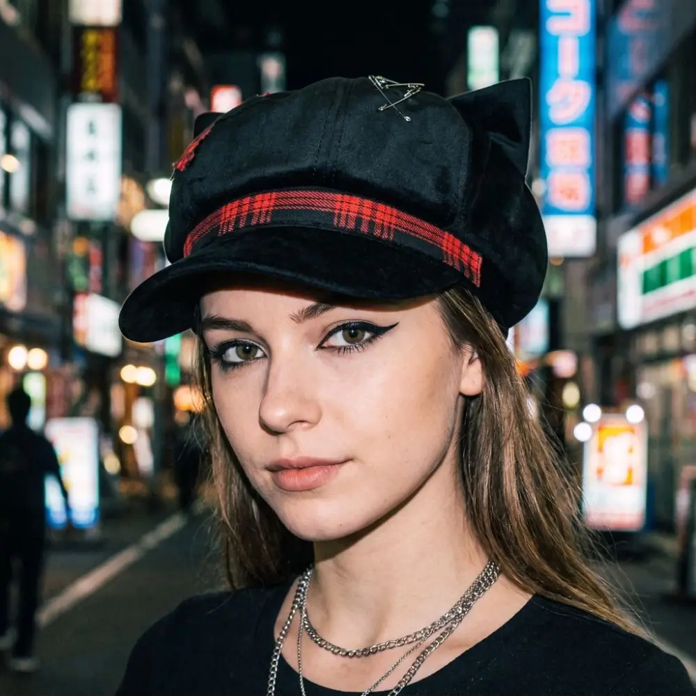 Vintage Thin Brim Cat Ears Beret Hat Y2K Irregular Plaid Octagonal Hat Cross Lollita Painter Artist Cap Photography Prop