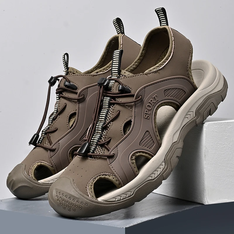 

Men's Beach Shoes Outdoor Casual Leather Sandals Breathable Slip-On Comfortable Rubber Sole Sporty Style for Summer Sandals Men