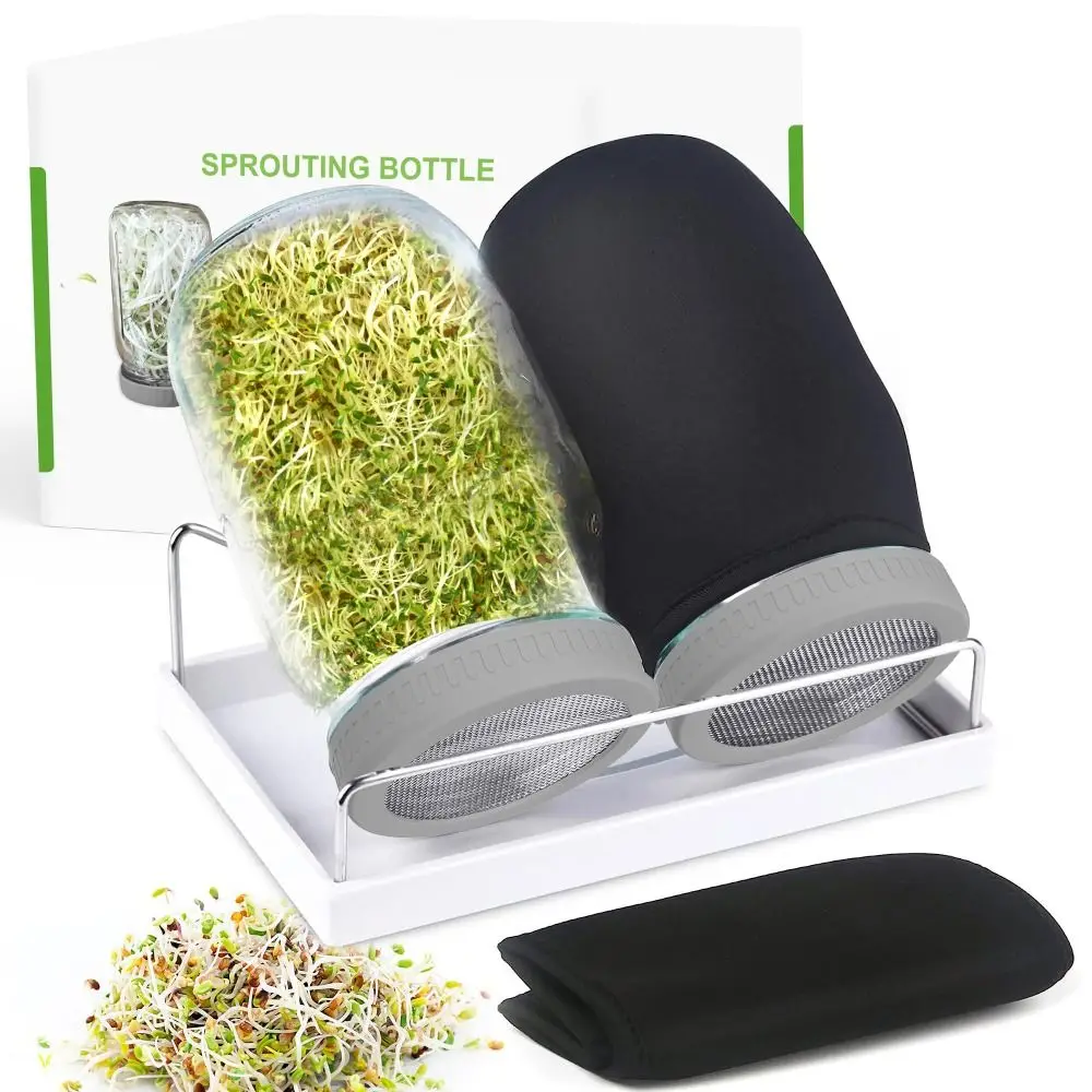 Large Seed Sprouting Kit Wide Mouth Blackout Sleeves Sprouts Growing Kit 32OZ Drain Tray Sprout Lids Bean Broccoli Alfalfa