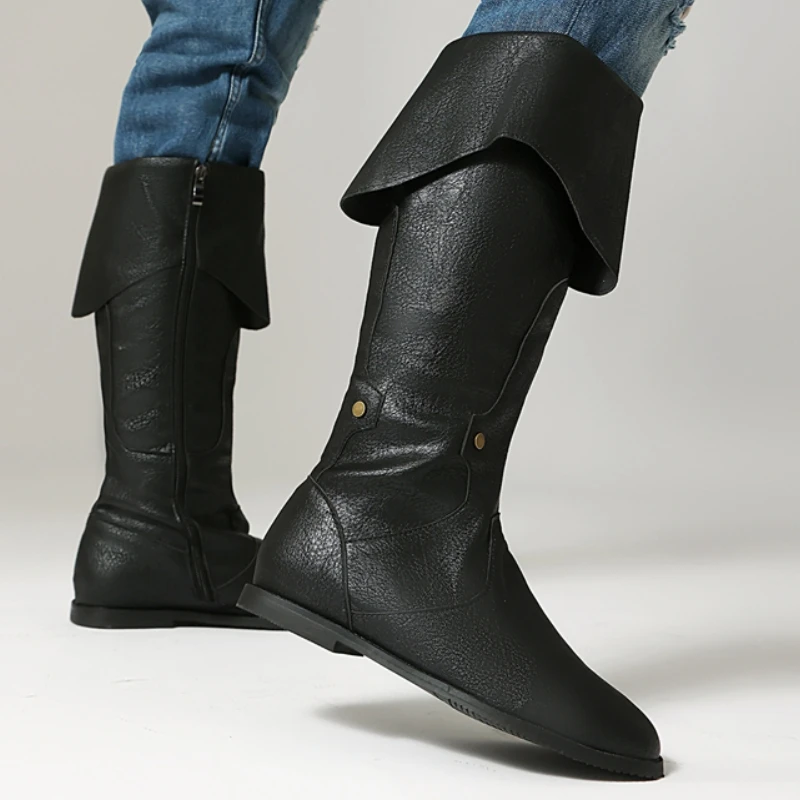 Turn-over Knee High Boots Women Casual Western pu Leather Riding Boot Flats Footwear Shoes Men Zipper Big Size 48 Comfortable