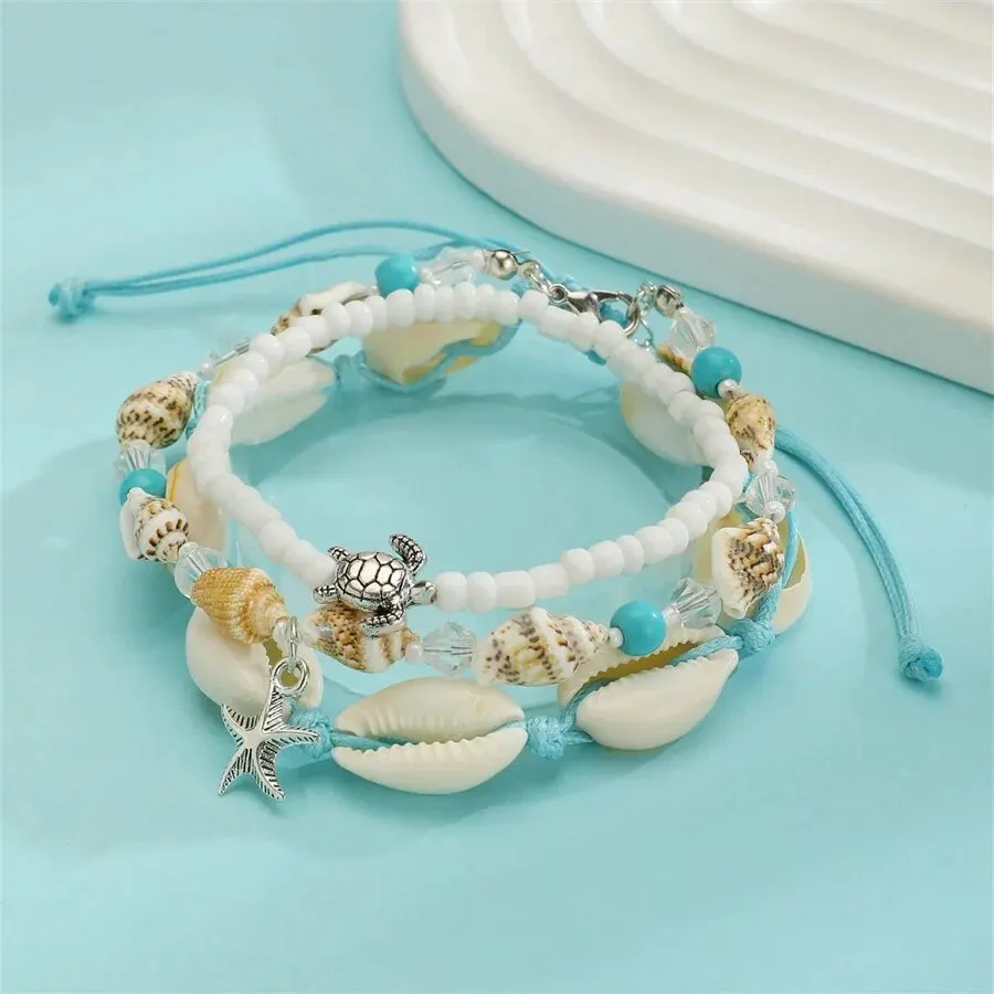 3 PCS Summer Conch Sea Star Turtle Charm Bracelets Lovely Bule Rope White Bead Bracelet Holiday Beach Wear Party Jewelry