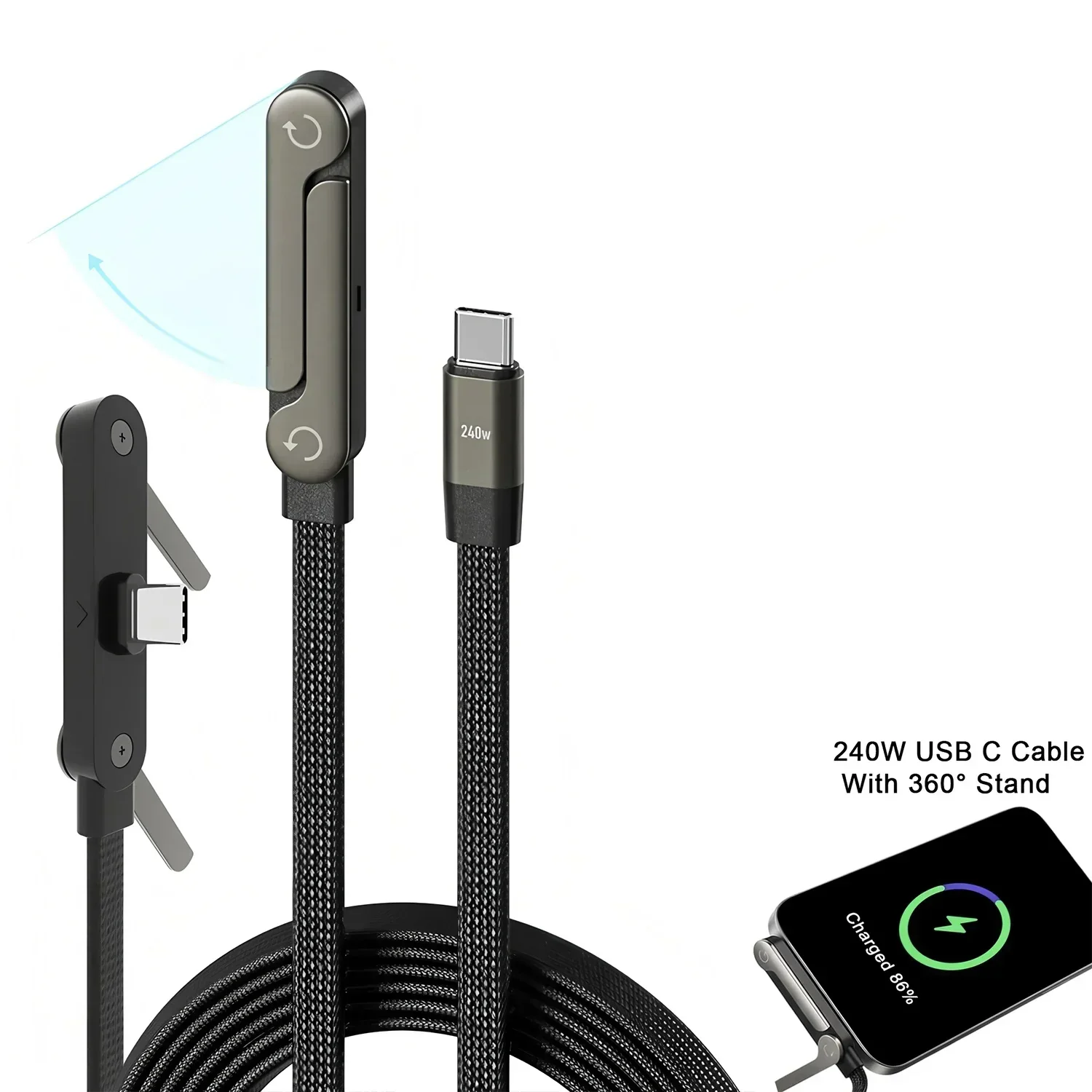 2-in-1 240w Built In Phone Stand Charging Cable USB C To USB C Quick Charge Data Wire For iPhone 17 Foldable Bracket Type C Cord