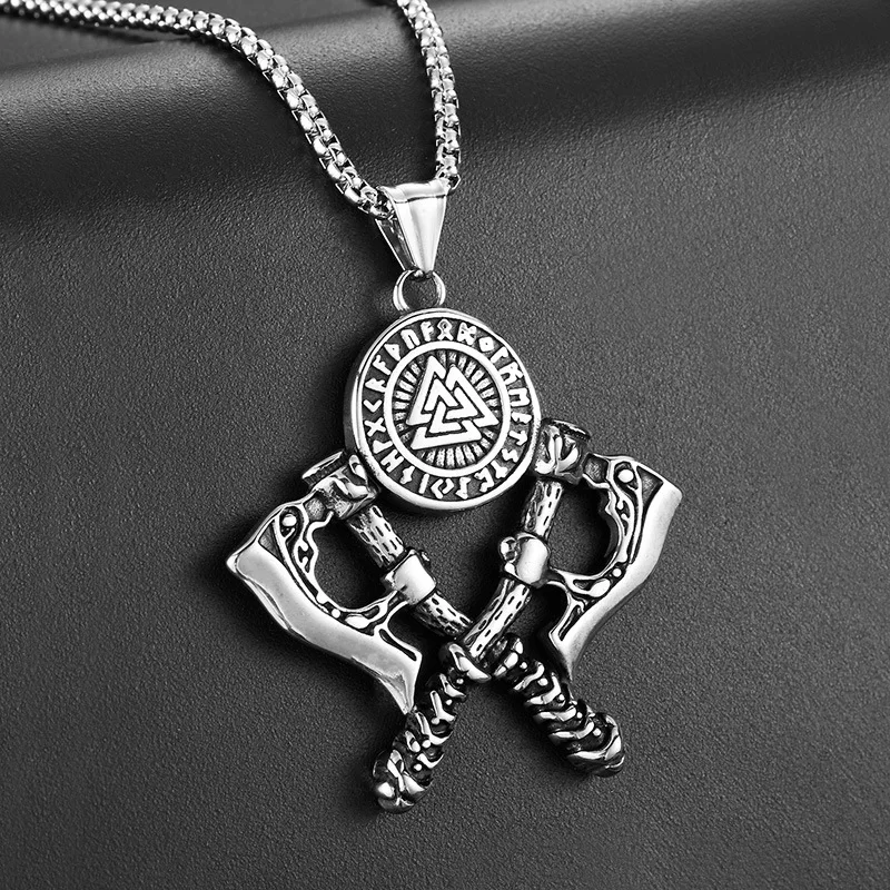 Nordic Odin triangle knot rune double ax necklace men's personalized punk trend jewelry