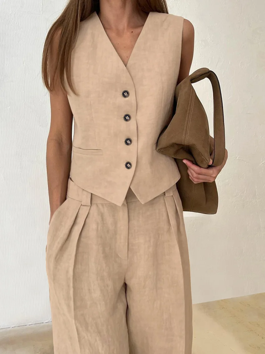 Womem Linen Cotton Sleeveless Vest Top ＆ Pants Suit 2024 Summer Office Ladies Chic Vest 2 Piece Sets Womens Outfits Clothing