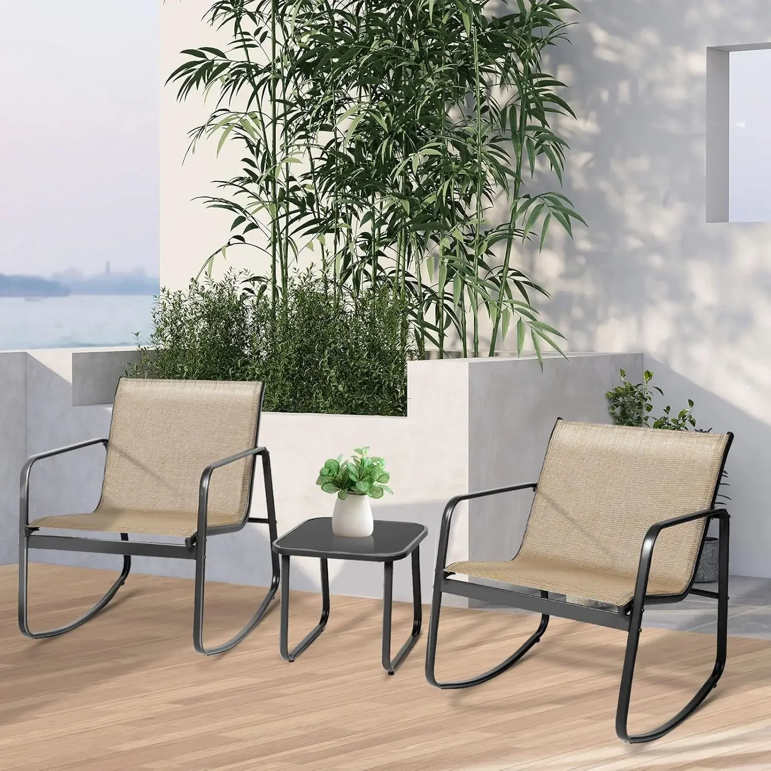 Rocking Bistro Set, Textilene Outdoor Furniture Set with  Rocking Chair & Glass Coffee Table