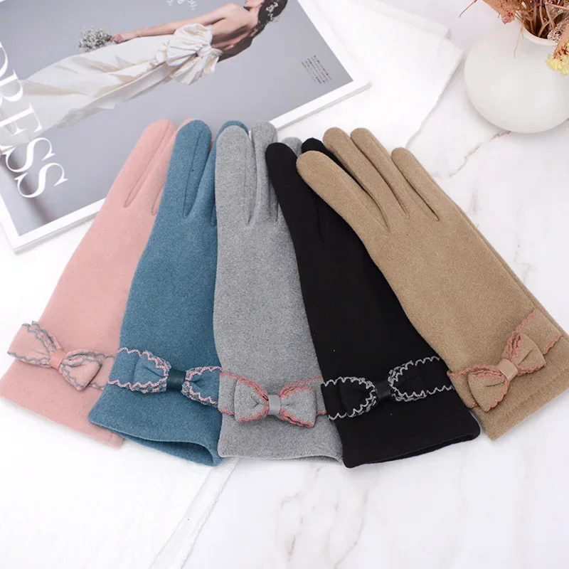 Стильные женские теплые сенсорные экраны плюс бархатные внутренние утолщенные ветрозащитные велосипедные милые элегантные эластичные мягкие перчатки с бантом