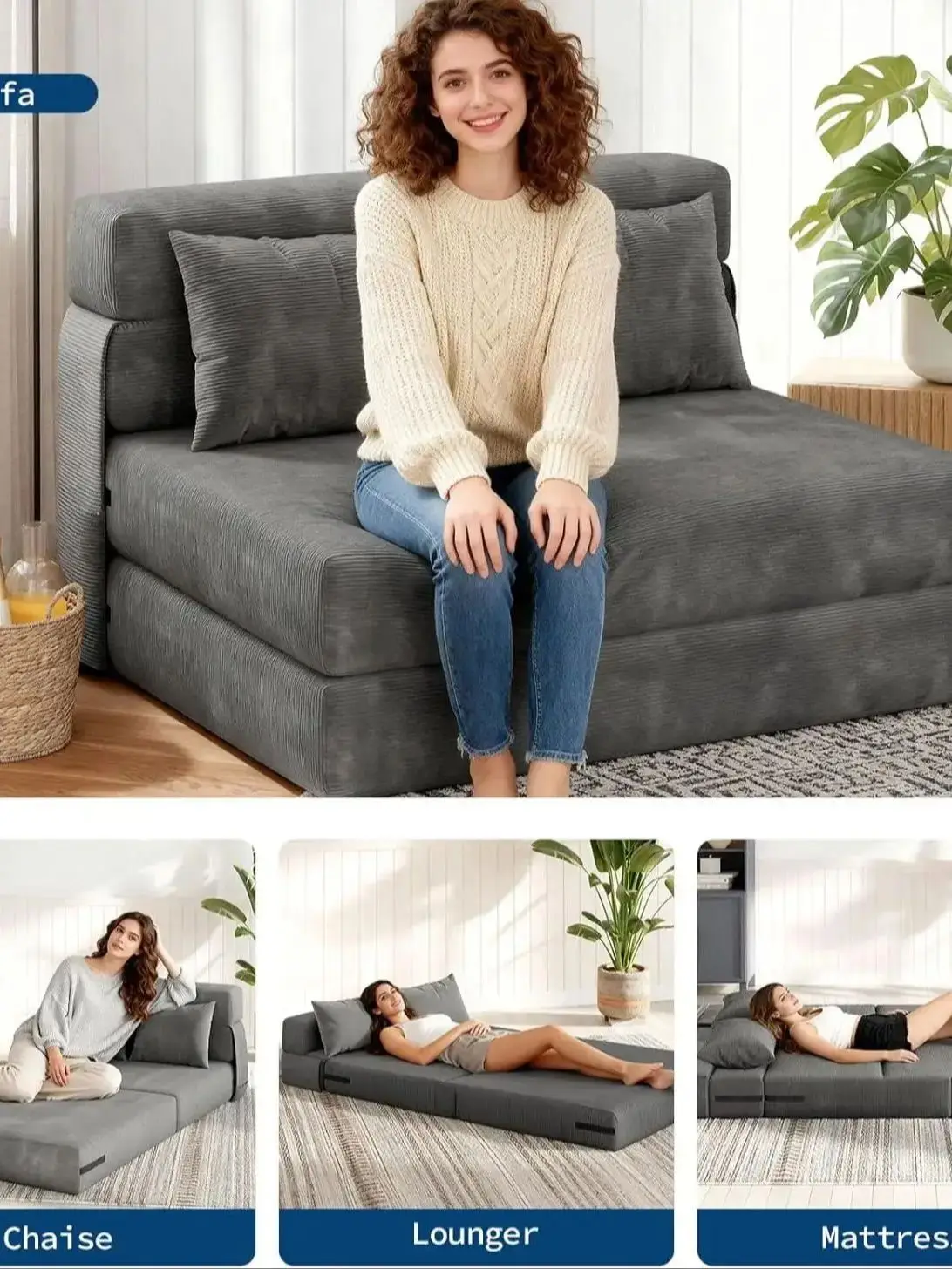 Modern 4-Fold Sofa Bed – Convertible Sleeper Chair with High-Density Foam, Foldable Floor Couch Guest Bed for Small Spaces, Loun