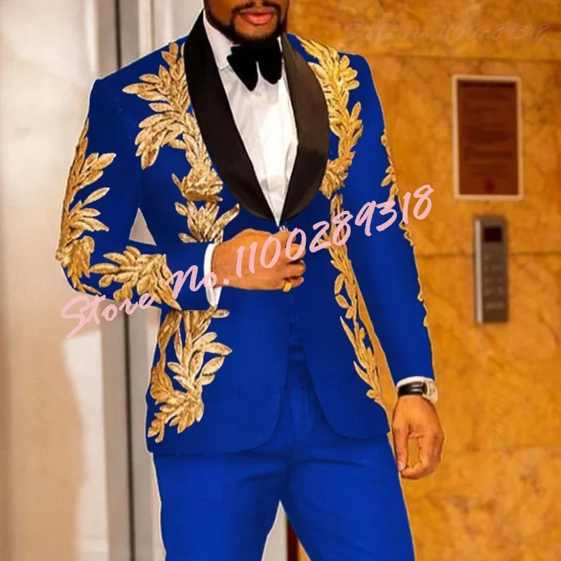 Gold Embroidery Luxury Men Suits Set For Wedding Formal   Prom Slim Fit Groom Wear Tuxedos Costume Homme 2Pieces(Jacket+Pants)