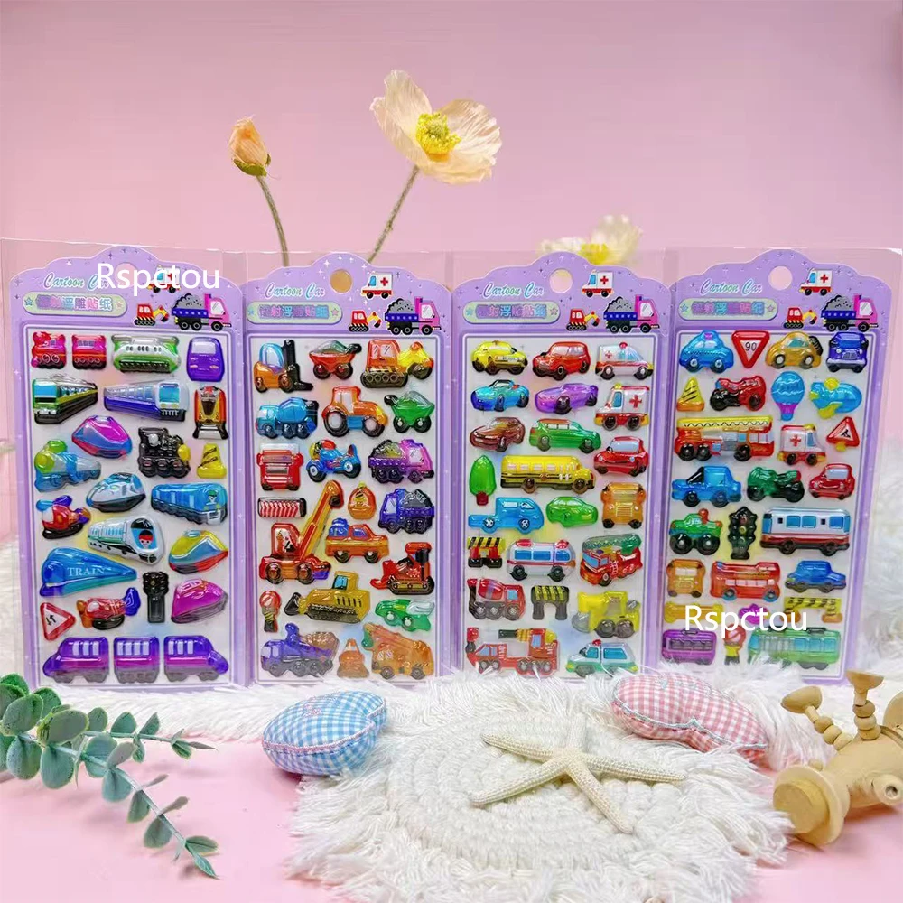 

4pcs Funny Creative Vehicles Cartoon 3D Relief Stickers Cute Truck Excavator Car Bubble Sticker Decorative Notebook Guitar Decal