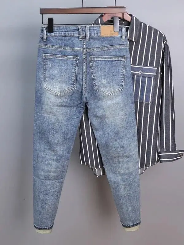 

Модные мужские джинсы High Street Slim Fit, эластичные летние тонкие повседневные длинные брюки, утягивающие джинсы из девяти частей