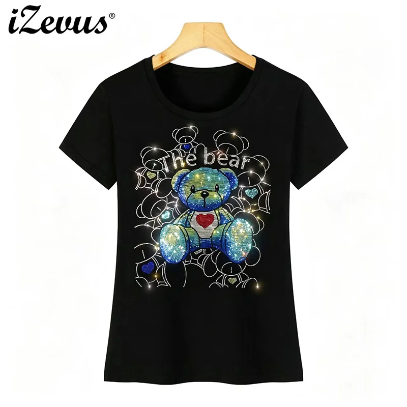 Fashion female T-shirt hot short-sleeved t-shirt exquisite small blue bear diamond kawaii female shirt high quality tops