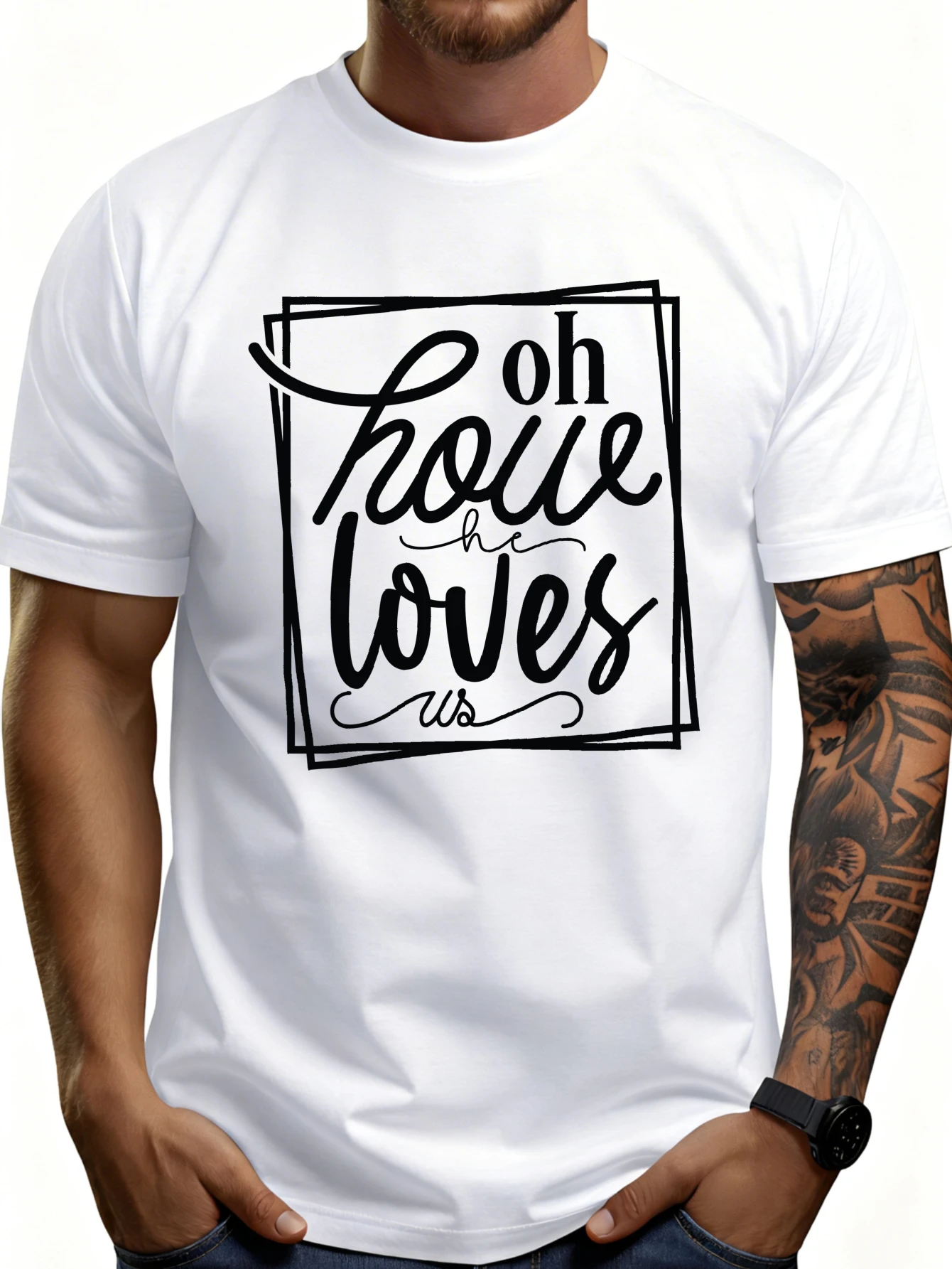 Men's Plain Graphic T-Shirt - Breathable, Soft, Lightweight - Oh, How He Loves Us - Vintage Fun Graphic Casual Short Sleeve Summer Top, Great Gift for Him