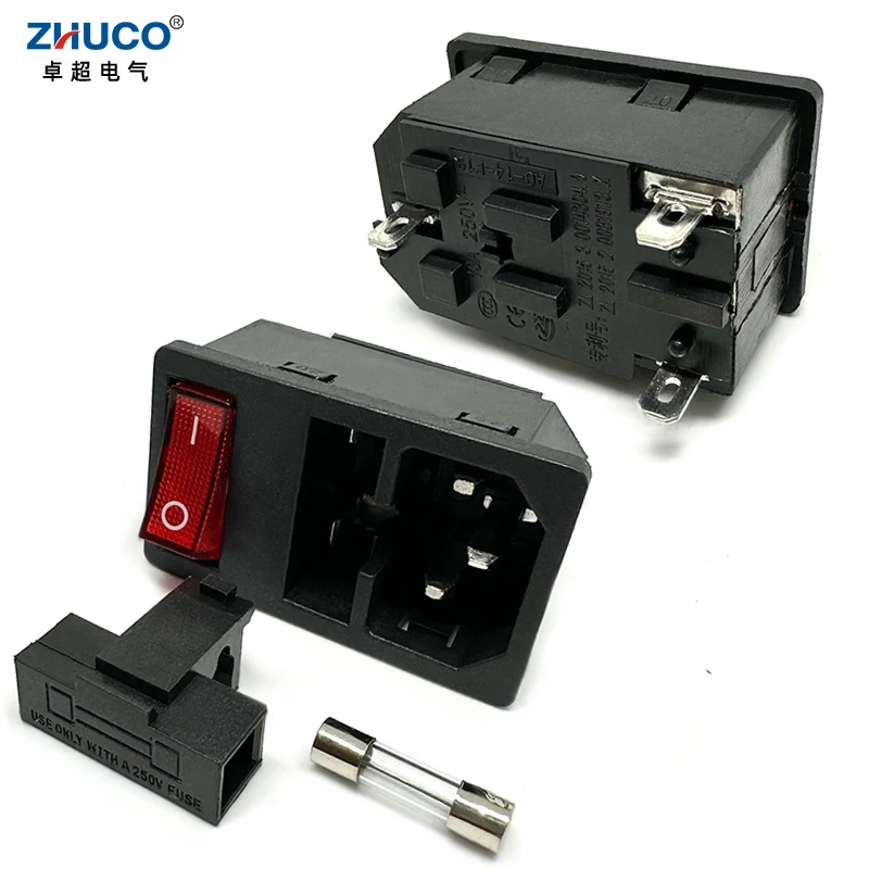 

1PC LZ-14-F15 C14 Panel Mounted Plug AC Electrical Inlet Module 3 Pins Power Socket With 10A Fuse And Red 250V LED Rocker Switch