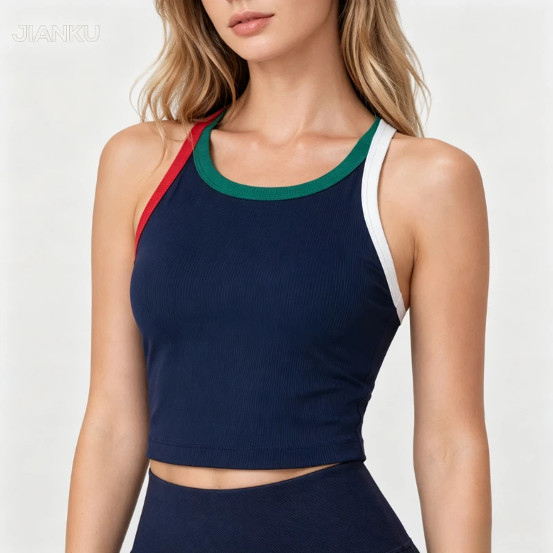 High Support Sports Bra Women Built-in Pad Naked Soft Yoga Tank Color Block Shockproof Gym Outer Athletic Workout Crop Top