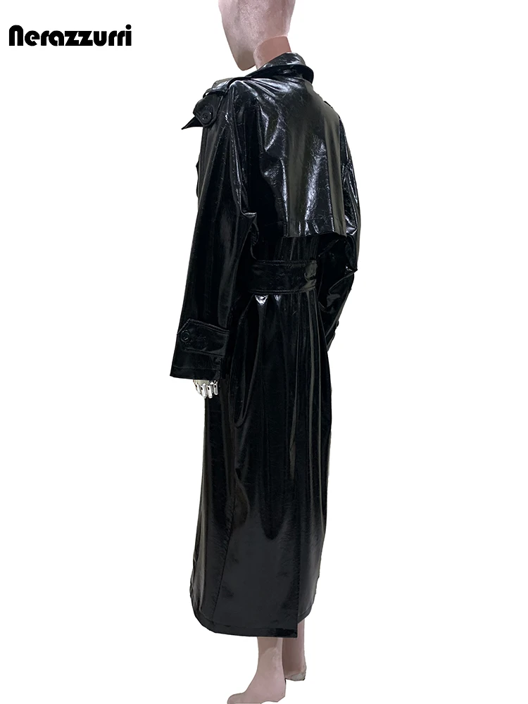 Długi, błyszczący, odblaskowy czarny płaszcz trencz ze skóry PU Mauroicardi na jesień dla kobiet, dwurzędowy, luksusowy, luźny płaszcz wierzchni 2025