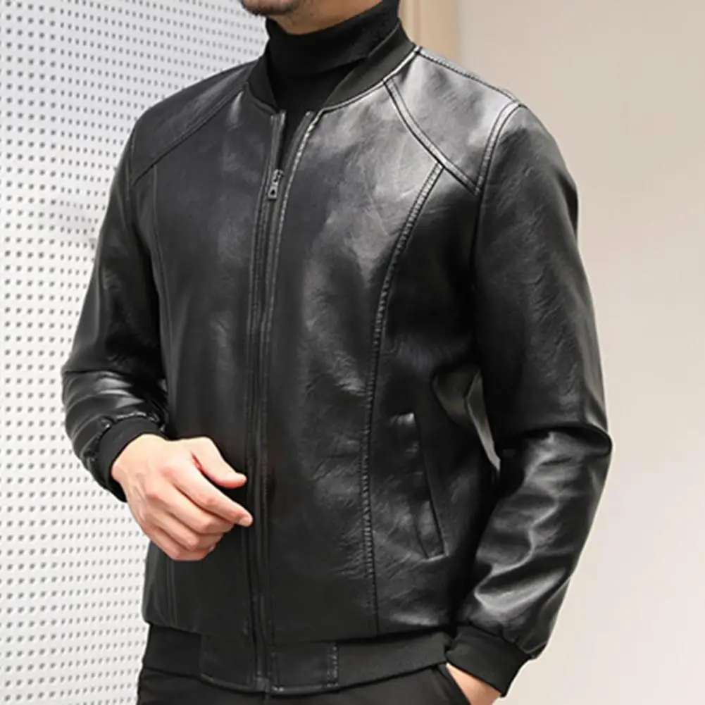 Men Leather Coat Fashion Leather Insulated Men Leather Jacket  Autumn Male Solid Color Outerwear Stand-up Collar Men Jacket Coat